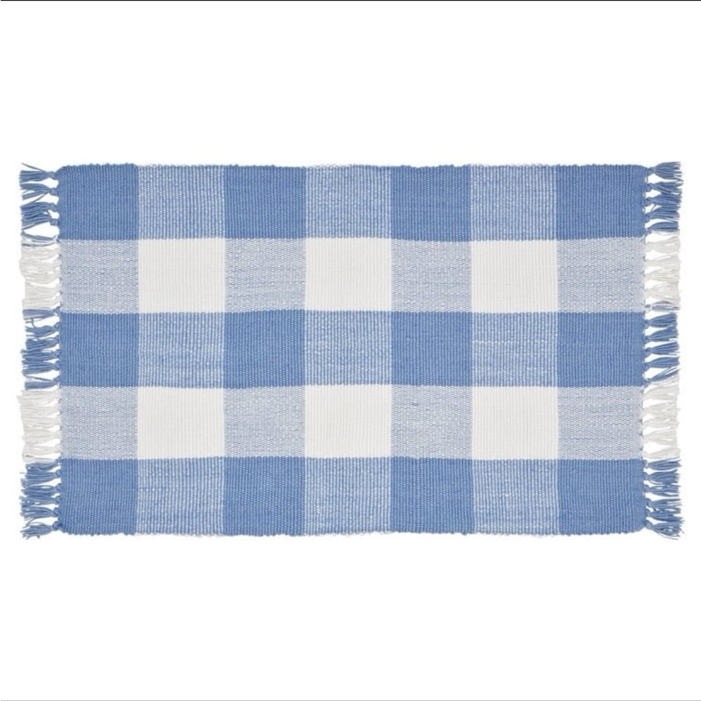 My Texas House Gingham Fringe Indoor/Outdoor Layering Rug, Blue & White, 38"x24"